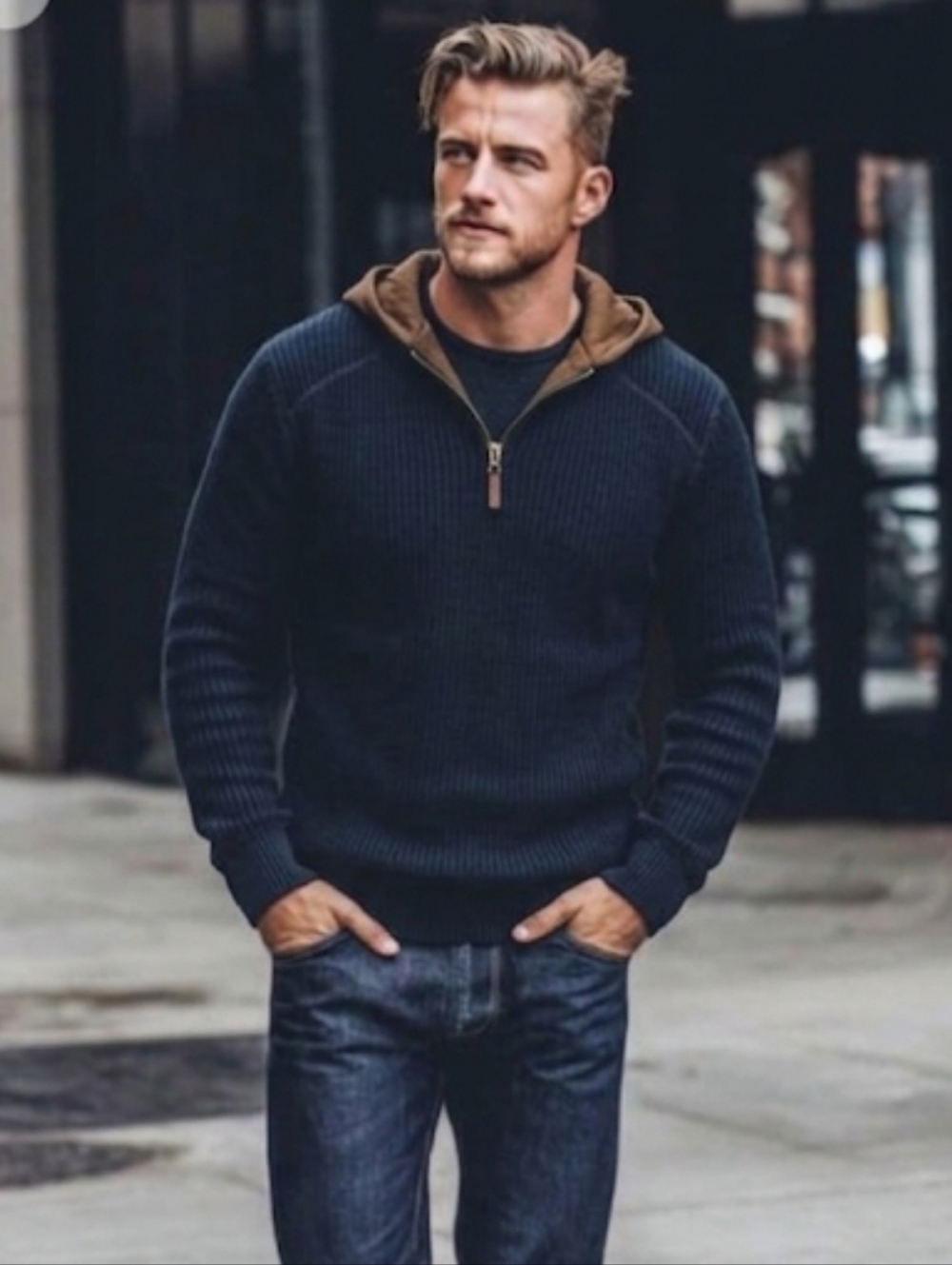 Carbon2cobalt Hooded Pullover 1/4 Zip Ribbed Cotton Sweater